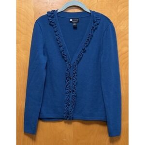 Carole Little Blue 100% Italian Merino Wool Ruffle Preppy Cardigan Teal Blue L